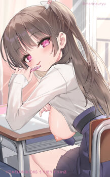 1girl :p bag blue_skirt blush bow breasts brown_hair chair closed_mouth commentary_request day desk flashing hair_bow hand_up holding holding_pen indoors large_breasts long_hair long_sleeves looking_at_viewer looking_back natsuki_marina nipples on_chair one_breast_out one_side_up oppai_challenge original pen pleated_skirt school_bag school_chair school_desk school_uniform shirt skirt sleeves_past_wrists smile solo tongue tongue_out twitter_username very_long_hair white_bow white_shirt window