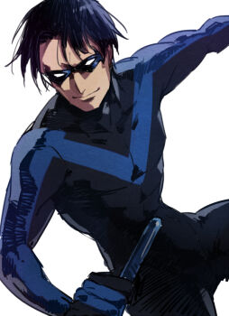 1boy batman_(series) black_hair bodysuit dc_comics dick_grayson domino_mask doudoude_dou escrima_stick eye_mask gloves male_focus mask nightwing short_hair simple_background solo weapon