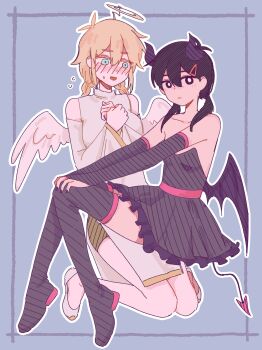 2girls absurdres alternate_costume angel angel_wings antenna_hair basil_(faraway)_(omori) basil_(omori) black_dress black_eyes black_hair black_nails blonde_hair blue_eyes blush braid bright_pupils chiaki143 closed_mouth detached_sleeves double-parted_bangs dress fake_halo fake_wings flying_sweatdrops genderswap genderswap_(mtf) hair_ornament hairclip halloween_costume halo highres looking_at_another looking_at_viewer low_twin_braids medium_hair multiple_girls omori open_mouth shoes sidelocks smile sweatdrop twin_braids white_pupils white_shoes wings yuri