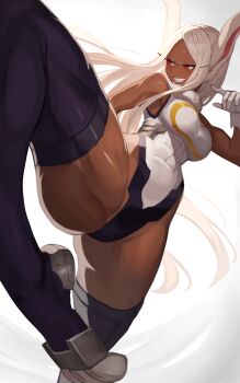 1girl absurdres animal_ears bare_shoulders boku_no_hero_academia breasts commentary covered_abs covered_navel crescent_print dark-skinned_female dark_skin floating_hair fur_collar gloves grin hand_up highleg highleg_leotard highres katsu_(katsuslider) knee_up large_breasts leaning_back leotard long_eyelashes long_hair looking_to_the_side mirko parted_bangs purple_thighhighs rabbit_ears rabbit_girl red_eyes smile solo standing standing_on_one_leg taut_leotard thick_thighs thighhighs thighs toned toned_female very_long_hair white_gloves white_hair white_leotard