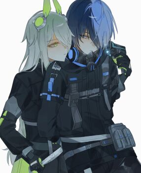 1boy 1girl alternate_eye_color aoyagi_touya arms_behind_back at_gunpoint at_knifepoint belt_pouch black_gloves black_jacket blue_hair close_game/offline_(project_sekai) closed_mouth cowboy_shot expressionless gloves green_eyes green_gloves green_hair gun hair_between_eyes hair_flaps hair_ornament hair_over_one_eye highres holding holding_gun holding_knife holding_weapon jacket knife kusanagi_nene long_hair long_sleeves looking_at_another mask mechanical_ears multicolored_hair official_alternate_costume official_alternate_hairstyle pouch project_sekai respirator science_fiction short_hair simple_background siscon_0 split-color_hair tactical_clothes techwear two-sided_gloves two-tone_hair weapon white_background