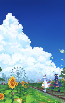 2boys absurdres blue_sky cloud cottonee cumulonimbus_cloud emmet_(pokemon) ferris_wheel flower gen_2_pokemon gen_5_pokemon gloves grey_hair guppyfish77 hat highres ingo_(pokemon) male_focus multiple_boys nature nintendo outdoors peaked_cap pidove pokemon pokemon_(creature) pokemon_bw railroad_tracks sky sunflora sunflower walking white_gloves