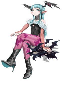 1girl absurdres animal_print aqua_eyes aqua_hair bat_(animal) bat_print bat_wings black_boots boots bridal_gauntlets commentary crossed_legs darkstalkers english_commentary eyelashes full_body high_heel_boots high_heels highres looking_at_viewer morrigan_aensland nojob_hiro pantyhose pink_pantyhose print_pantyhose ribs simple_background sitting solo white_background wings