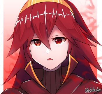 Rule 34 | 1girl, artist name, bakaretsu, commentary, dark persona, english commentary, eyes of grima, fire emblem, fire emblem awakening, gold tiara, hair between eyes, highres, looking at viewer, lucina (fire emblem), nintendo, parted lips, portrait, red background, red eyes, solo, thick eyelashes, tiara, twitter username