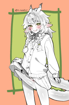 1girl blush bow bowtie braid cardigan clothes_lift commentary_request cowboy_shot green_background green_eyes grin highres horns lifting_own_clothes long_hair long_sleeves looking_at_viewer low_twin_braids mirin_chikuwa pleated_skirt pointy_ears skirt skirt_lift smile solo tail twin_braids two-tone_background vrchat