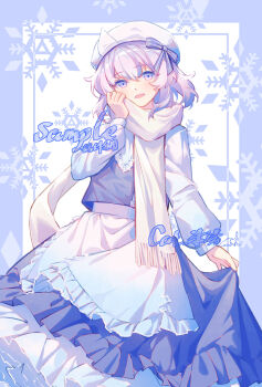 1girl apron artist_name bow chinese_commentary commentary_request frilled_apron frills hat hat_bow highres letty_whiterock long_sleeves looking_at_viewer minuo open_mouth purple_eyes purple_hair purple_skirt purple_vest sample_watermark scarf shirt skirt skirt_hold smile snowflake_background solo touhou vest waist_apron watermark white_apron white_hat white_scarf white_shirt