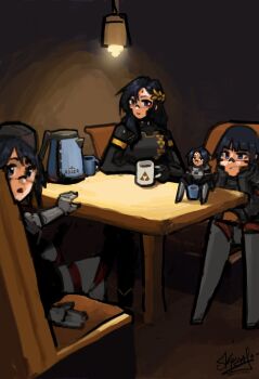 4girls :o android arm_on_table black_hair blue_eyes chair closed_mouth commentary cup electric_kettle eule_(signalis) facial_mark falke_(signalis) forehead_mark garrison_cap gnom_na_korable hair_ornament hat head_on_hands highres kettle kolibri_(signalis) lamp laurel_crown long_hair looking_at_viewer mini_person minigirl mug multiple_girls no_feet on_chair parted_lips russian_commentary short_hair signalis sitting size_difference table thimble very_long_hair