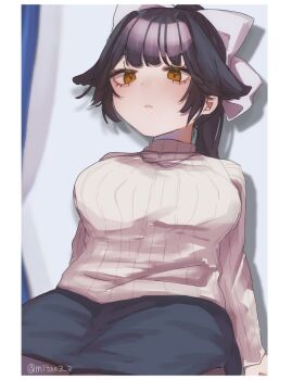 1girl :c artist_name azur_lane black_hair black_pantyhose black_skirt bow closed_mouth commentary hair_bow high_ponytail highres long_hair looking_at_viewer mitax3_3 official_alternate_costume orange_hair pantyhose pencil_skirt ponytail skirt solo sweater takao_(azur_lane) takao_(inner_cultivation)_(azur_lane) turtleneck turtleneck_sweater twitter_username white_bow white_sweater