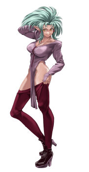 1girl absurdres aqua_hair bare_shoulders black_boots boots breasts chtv cleavage collarbone commentary commission earrings english_commentary hand_in_own_hair heel_up high_heel_boots high_heels highres hip_bones jewelry large_breasts long_hair looking_at_viewer pantyhose pantyhose_lift pointy_ears ryouko_(tenchi_muyou!) slit_pupils smile solo tenchi_muyou! thighs white_background yellow_eyes