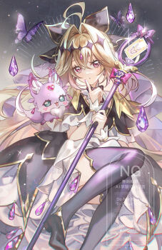 1girl absurdres antenna_hair black_bow black_capelet black_dress black_thighhighs blonde_hair bow bug butterfly capelet commentary_request creature cure_arcana_shadow diamond_hairband dot_nose dress earrings finger_to_mouth foot_out_of_frame gem grey_background hair_bow hair_intakes highres holding holding_staff insect jewelry layered_dress long_hair looking_at_viewer magical_girl mashu-tan meitantei_precure! moria_luluka parted_lips precure purple_butterfly purple_eyes purple_gem sayu_(pixiv35415471) shushing sparkle staff tear_arcana_rod thighhighs watermark white_wrist_cuffs wrist_cuffs