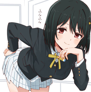 1girl black_hair black_jacket blush closed_mouth collared_shirt commentary_request hand_on_own_chin jacket long_sleeves looking_at_viewer love_live! love_live!_nijigasaki_high_school_idol_club mifune_shioriko neck_ribbon nijigasaki_school_uniform plaid_clothes plaid_skirt pleated_skirt red_eyes ribbon school_uniform shirt short_hair skirt skt_(ryxxxxx) smile solo split_mouth white_shirt white_skirt winter_uniform yellow_ribbon