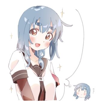 1girl black_sailor_collar blue_hair blush breasts chibi chibi_inset child dress flying_sweatdrops furutani_kaede highres layered_sleeves long_sleeves looking_at_viewer medium_breasts medium_hair multiple_views nanamori_school_uniform open_mouth red_dress sailor_collar sankatetsu_flat school_uniform short_over_long_sleeves short_sleeves smile sparkle speech_bubble thick_eyebrows thought_bubble twintails white_background yellow_eyes yuruyuri