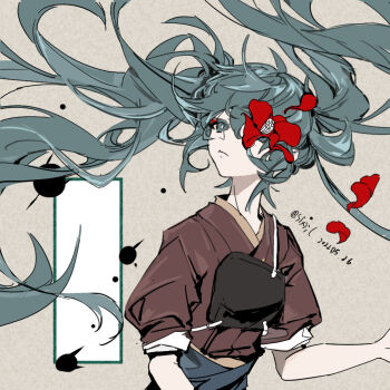 Rule 34 | 1girl, blue eyes, blue hair, blue hakama, bright pupils, camellia, closed mouth, dated, floating hair, flower, flower over eye, hakama, hand up, hatsune miku, inkblot, japanese clothes, kimono, long hair, looking to the side, looking up, manimani (vocaloid), messy hair, muneate, petals, red flower, red kimono, simple background, sixii, sleeves rolled up, solo, twitter username, upper body, very long hair, vocaloid, white pupils