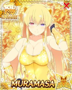 1girl aged_up android arm_up blonde_hair breasts card_(medium) character_name cleavage closed_mouth covered_navel detached_sleeves doll_joints english_text fingerless_gloves floral_background game_cg gloves gold_flower gold_horns gold_one-piece_swimsuit gold_sleeves half-closed_eyes hand_on_own_hip heterochromia horns joints large_breasts light_blush looking_at_viewer low_twintails mechanical_horns muramasa_(senran_kagura) official_art one-piece_swimsuit purple_eyes red_eyes senran_kagura senran_kagura_new_wave smile solo swimsuit twintails