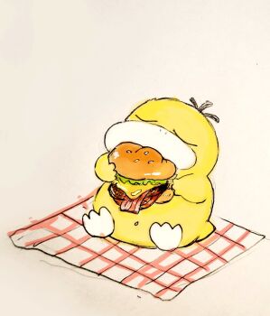 Rule 34 | bacon, blanket, burger, cheese, closed eyes, commentary request, eating, emilie dq, food, gen 1 pokemon, holding, holding burger, holding food, lettuce, nintendo, no humans, plaid blanket, pokemon, pokemon (creature), pokemon focus, psyduck, simple background, sitting, sliced cheese
