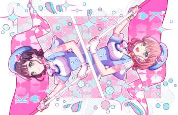 2girls :d aqua_eyes beret blue_dress blue_hat bow breasts buttons card card_(medium) cerise_bouquet closed_mouth club_(shape) club_button collarbone double-breasted dress dress_bow earrings fingerless_gloves flipped_hair game_cg gloves hat highres hinoshita_kaho holding jewelry king_(playing_card) king_of_clubs link!_like!_love_live! looking_at_viewer love_live! medium_breasts medium_hair momose_ginko multiple_girls my_lucky_clover non-web_source official_alternate_costume official_art open_mouth orange_hair playing_card playing_card_(medium) rotational_symmetry short_hair short_sleeves sideways smile sparkle split_mouth teardrop_earrings teeth upper_teeth_only virtual_youtuber white_bow white_gloves