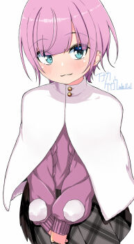 1girl black_skirt blue_eyes capelet commentary_request inaka_keikou nijisanji partial_commentary pink_hair pink_sweater pleated_skirt pom_pom_(clothes) short_hair simple_background skirt sweater virtual_youtuber white_background yuuhi_riri