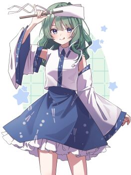 Rule 34 | 1girl, bare shoulders, blue eyes, blue skirt, blush, breasts, closed mouth, collared shirt, detached sleeves, dot nose, double-parted bangs, frilled skirt, frills, frog hair ornament, gohei, green hair, grid background, hair intakes, hair ornament, highres, holding, holding gohei, kochiya sanae, long hair, long sleeves, looking at viewer, medium breasts, patterned clothing, print skirt, shirt, simple background, single sidelock, skirt, skirt set, sleeveless, sleeveless shirt, sleeves past wrists, snake hair ornament, solo, star (symbol), tongue, tongue out, touhou, v-shaped eyebrows, white background, wide sleeves, ww333v