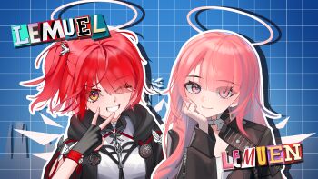 Rule 34 | 2girls, absurdres, arknights, black gloves, black jacket, blue background, brown eyes, character name, closed mouth, commentary request, exusiai (arknights), eyes visible through hair, fingerless gloves, geomiddang, gloves, grid background, grin, hair over one eye, halo, hand up, highres, jacket, korean commentary, lemuen (arknights), long hair, looking at viewer, multiple girls, one eye closed, one side up, open clothes, open jacket, outline, pink eyes, pink hair, red hair, shirt, smile, upper body, v, white outline, white shirt