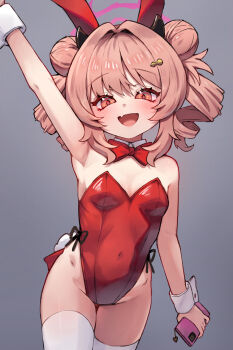 1girl aged_down alternate_breast_size_(smaller) alternate_costume animal_ears blue_archive bow bowtie breasts detached_collar double_bun fake_animal_ears fang hair_bun halo highres holding holding_phone horns kirara_(blue_archive) leotard loli miya_(miyaruta) open_mouth phone pink_hair playboy_bunny rabbit_ears red_leotard skin_fang small_breasts solo strapless strapless_leotard tail thighhighs white_thighhighs wrist_cuffs