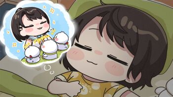 1girl bed blush_stickers brown_shirt character_name chibi closed_eyes closed_mouth clothes_writing collared_shirt commentary_request hololive indoors lying mochimiko on_back oozora_subaru oozora_subaru_(9th_costume) pillow shirt short_sleeves sleeveless sleeveless_shirt smile under_covers virtual_youtuber white_shirt