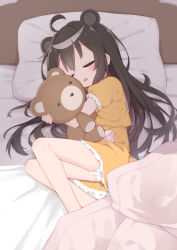 Rule 34 | 1girl, ahoge, animal ears, ayanepuna, bear ears, bed, black hair, blush, brown shirt, brown skirt, closed eyes, commentary request, commission, facing viewer, fang, frilled skirt, frilled sleeves, frills, highres, hugging object, long hair, open mouth, original, panties, pillow, puffy short sleeves, puffy sleeves, shirt, short sleeves, skeb commission, skirt, sleeping, solo, stuffed animal, stuffed toy, teddy bear, underwear, very long hair, white panties