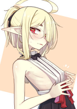 1girl ahoge black_bow black_bowtie black_skirt blonde_hair blush bow bowtie flat_chest glasses highres ogami_kazuki original pointy_ears red_eyes ribs rimless_eyewear shirt skinny skirt sleeveless sleeveless_shirt slit_pupils solo