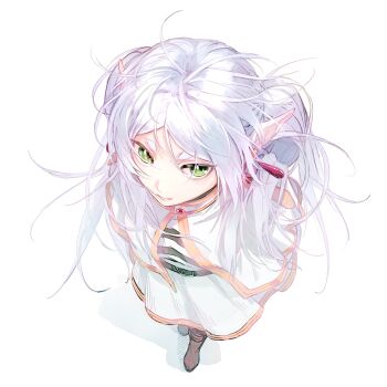 1girl absurdres belt boots brown_boots commentary_request earrings elf expressionless foreshortening frieren from_above green_eyes highres jewelry long_hair meme parted_lips pointy_ears rairakku shadow short_eyebrows simple_background solo sousou_no_frieren teardrop_earrings white_background white_hair