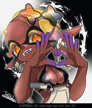 1girl :d artist_name asymmetrical_hair bare_shoulders bikini black_background black_bikini blonde_hair blue_tongue breasts cleavage colored_eyelashes colored_skin colored_tongue commentary cross-shaped_pupils dark-skinned_female dark_skin earrings eyewear_on_head fangs flower forehead frye_(splatoon) gradient_hair hair_ornament hands_up heart heart_hands isamu-ki_(yuuki) jewelry looking_at_viewer medium_breasts medium_hair multicolored_hair multicolored_skin multiple_earrings nintendo open_mouth overalls paint_splatter pointy_ears purple_hair purple_skin purple_tongue smile solo splatoon_(series) star-shaped_eyewear star-shaped_pupils star_(symbol) sunglasses swimsuit symbol-only_commentary symbol-shaped_pupils tan teeth tentacle_hair twitter_username two-tone_hair upper_body upper_teeth_only white_flower yellow_eyes