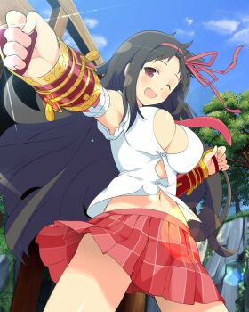 1girl :d arm_warmers armpits ayame_(senran_kagura) black_hair blush border breasts bridge button_gap cleavage english_text game_cg gauntlets gold_trim hair_ribbon large_breasts long_hair navel necktie non-web_source official_art one_eye_closed open_mouth outstretched_arm pink_ribbon plaid_clothes plaid_skirt pleated_skirt red_eyes red_ribbon red_skirt ribbon senran_kagura senran_kagura_new_wave shiny_skin shirt skirt sleeves_rolled_up smile solo tree white_shirt