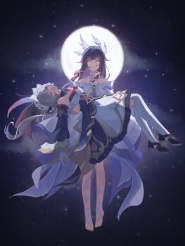 Rule 34 | 2girls, barefoot, black dress, black hair, black shoes, brown hair, carrying, carrying person, columbina (genshin impact), commentary, crying, dress, english commentary, floating, full moon, genshin impact, head wings, high heels, highres, kayveris, moon, multicolored hair, multiple girls, night, pantyhose, sandrone (genshin impact), shoes, signature, tears, two-tone hair, white pantyhose, white wings, wings