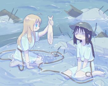 2girls ahoge animal artist_name barefoot black_hair blonde_hair blue_eyes blush bound_together chito_(shoujo_shuumatsu_ryokou) closed_eyes closed_mouth distortion dress dripping fish hashtag-only_commentary highres holding holding_animal holding_fish i-beam industrial_pipe kurohanenone long_hair low_twintails multiple_girls outdoors partially_submerged rebar ripples rope rope_belt rubble shirt shoujo_shuumatsu_ryokou twintails water water_drop wet wet_clothes white_dress white_shirt yuuri_(shoujo_shuumatsu_ryokou)