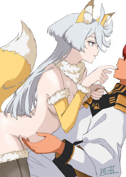 2girls animal_ears asticassia_school_uniform black_thighhighs breasts clothes_grab commentary_request detached_sleeves finger_to_another&#039;s_mouth fox_ears fox_girl fox_tail fur_collar grey_eyes grey_hair gundam gundam_suisei_no_majo halloween highres jacket kemonomimi_mode long_hair medium_breasts miorine_rembran monto_(user_dmde2437) multiple_girls necktie necktie_grab neckwear_grab parted_lips red_hair school_uniform simple_background smile straddling suletta_mercury tail thighhighs white_background white_jacket yuri