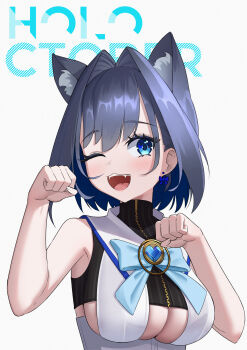 1girl absurdres animal_ear_fluff animal_ears black_shirt blue_eyes blue_hair bow bow_earrings breasts brooch cat_ears cat_girl cleavage clothing_cutout commentary earrings english_commentary fangs grey_background hair_intakes heart-shaped_gem highres hololive hololive_english jewelry large_breasts looking_at_viewer one_eye_closed open_mouth ouro_kronii ouro_kronii_(1st_costume) paw_pose pinstripe_pattern pinstripe_shirt shirt short_hair simple_background sleeveless sleeveless_shirt solo specwamen underboob upper_body virtual_youtuber white_shirt