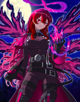 1girl absurdres belt breasts duel_monster exosister_karmael exosister_martha fire full_moon highres kyrion large_breasts laythena long_hair looking_at_viewer military_uniform moon red_eyes red_hair red_shirt shirt sky smile solo star_(sky) starry_sky twitter_username yu-gi-oh!