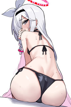 1girl absurdres ass bikini black_bikini blue_archive blush braid breasts from_behind hair_ribbon hairband halo highres loli looking_at_viewer neugneugsusu plana_(blue_archive) ribbon sitting small_breasts solo sweat swimsuit white_background