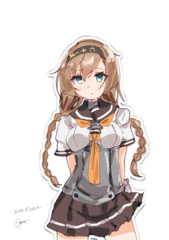 1girl absurdres black_headband black_sailor_collar blue_eyes braid breasts brown_hair clothes_writing cowboy_shot crazypsychorezu grey_eyes hachimaki hair_ornament hairband headband highres kantai_collection long_hair looking_at_viewer medium_breasts neckerchief one-hour_drawing_challenge open_mouth propeller_hair_ornament sailor_collar school_uniform serafuku solo teruzuki_(kancolle) twin_braids yellow_neckerchief