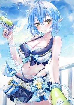 1girl absurdres aqua_hair belt bikini bikini_skirt blue_hair blush breasts cleavage closed_mouth cloud cloudy_sky collarbone commentary_request elf flower hair_between_eyes hair_flower hair_ornament highres holding holding_water_gun hololive kageboushi_(kageboushi_desu) looking_at_viewer navel official_alternate_hair_length official_alternate_hairstyle pointy_ears short_hair skirt sky smile solo stomach swimsuit water water_gun white_belt yellow_eyes yukihana_lamy