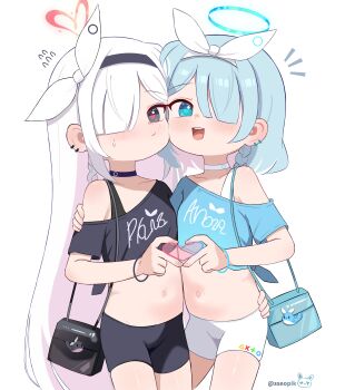 2girls absurdres arona_(blue_archive) bag bike_shorts black_bag black_choker black_eyes black_hairband black_shirt black_shorts black_sports_bra blue_archive blue_bag blue_eyes blue_hair blue_halo blue_shirt blush bow bow_hairband character_name cheek-to-cheek choker closed_mouth colored_inner_hair cowboy_shot crop_top cropped_shirt hair_bow hair_over_one_eye hairband halo heads_together heart heart_halo heart_hands heart_hands_duo highres long_bangs long_hair looking_at_viewer multicolored_hair multiple_girls navel notice_lines off-shoulder_shirt off_shoulder open_mouth parted_bangs pink_halo plana_(blue_archive) pout print_shirt red_pupils shirt short_hair short_shorts shorts simple_background single_off_shoulder smile sports_bra sseopik standing stomach straight_hair t-shirt variant_set very_long_hair white_background white_bow white_choker white_hair white_hairband white_shorts white_sports_bra wristband