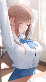 1girl absurdres arms_up black_bra blue_ribbon blue_skirt blush bra bra_peek breasts brown_hair button_gap chair closed_eyes commentary_request gakuen_idolmaster hatsuboshi_gakuen_school_uniform hibimaru highres himesaki_rinami idolmaster indoors large_breasts neck_ribbon on_chair pleated_skirt ribbon school_uniform shirt shirt_tucked_in sidelocks sitting skirt solo stretching underwear white_shirt