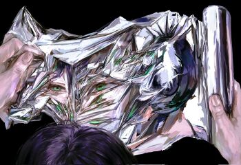 1girl black_background bomb_devil_(chainsaw_man) chainsaw_man different_reflection doeun_o_o foil green_eyes highres purple_hair reflection reze_(chainsaw_man) solo