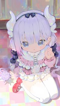 1girl absurdres blue_eyes capelet deformed dragon_girl dragon_horns dress frilled_capelet frills from_above gradient_hair hairband hand_up highres horns kanna_kamui kobayashi-san_chi_no_maidragon kou_koufu low_twintails multicolored_hair pink_dress purple_hair red_shoes seiza shoes sitting solo thighhighs twintails white_thighhighs