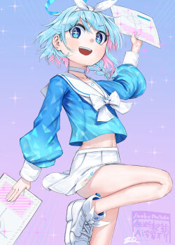 +_+ 1girl arona_(blue_archive) blue_archive blue_eyes blue_hair blue_halo blue_shirt bow_hairband choker colored_inner_hair commentary_request envelope feet_out_of_frame gradient_background hairband halo highres long_sleeves looking_at_viewer multicolored_hair neckerchief open_mouth pink_hair pleated_skirt sailor_collar sailor_shirt school_uniform serafuku shirt shoes short_hair simple_background skirt smile solo standing standing_on_one_leg teeth upper_teeth_only white_background white_choker white_hairband white_neckerchief white_sailor_collar white_shoes white_skirt zombie_mogura