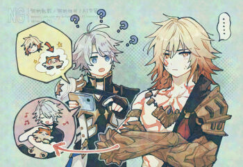 ... 2boys antenna_hair arm_tattoo armlet armor black_choker black_coat black_gloves black_shirt blonde_hair blue_eyes braid chest_tattoo chimera_(honkai:_star_rail) choker clawed_gauntlets coat commentary_request crossed_arms earrings facial_tattoo fingerless_gloves gloves gold_earrings gold_necklace gradient_hair holding holding_phone honkai:_star_rail honkai_(series) jewelry male_focus medium_hair miwawa multicolored_hair multiple_boys mydei_(fig_stew)_(honkai:_star_rail) mydei_(honkai:_star_rail) neck_tattoo necklace open_clothes open_coat parted_bangs pauldrons phainon_(honkai:_star_rail) phone red_hair red_tattoo shirt short_hair shoulder_armor side_braid single_pauldron spoken_ellipsis sun_symbol sun_tattoo tan tattoo watermark white_coat white_hair yellow_eyes