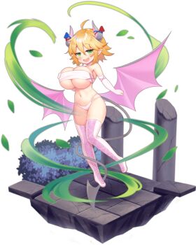 1girl :d ahoge artist_request bad_source blonde_hair blue_ribbon blush boots breasts brick_floor bush cleavage demon_girl demon_tail demon_wings elbow_gloves falling_leaves fang faux_figurine floating full_body gloves green_eyes grey_horns hair_between_eyes horn_ornament horn_ribbon horns huge_breasts isometric lace-up_boots leaf looking_at_viewer magic mon-musu_quest! monster_girl monster_musume_td multicolored_horns official_art open_mouth oppai_loli panties pink_boots pink_horns pink_wings pointy_ears rami_(mon-musu_quest!) red_ribbon revealing_clothes ribbon short_hair simple_background skindentation slit_pupils smile solo strapless tail thigh_boots third-party_source transparent_background tube_top two-tone_horns underboob underwear white_gloves white_panties white_tube_top wind wings
