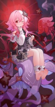 1girl absurdres ankle_cuffs barefoot black_dress dress earrings evernight_(honkai:_star_rail) feet finger_to_mouth foot_focus frills head_out_of_frame highres holding holding_umbrella honkai:_star_rail honkai_(series) index_finger_raised jewelry loli long_hair long_sleeves march_7th_(honkai:_star_rail) ningmeng_jing_jing_jing_jing pink_hair shushing sitting smile soles solo toes umbrella very_long_hair
