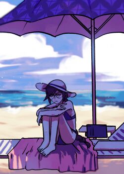 1girl absurdres barefoot beach beach_chair beach_towel beach_umbrella bikini blue_bikini blue_sky braid closed_mouth cloud crossed_arms danganronpa:_trigger_happy_havoc danganronpa_(series) day eyelashes feet frown fukawa_toko full_body glasses hat highres lily_(superkiiisa) long_hair mole mole_under_mouth outdoors purple_hair round_eyewear sidelocks sitting sky solo sun_hat sweat swimsuit toes towel umbrella water white_hat