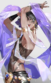 1boy arjuna_(celebratory_attire)_(fate) arjuna_(fate) armlet arms_up black_eyes black_hair dancer dark-skinned_male dark_skin detached_sleeves earrings fate/grand_order fate_(series) from_side gold_armlet gold_earrings gold_necklace indian_clothes jewelry looking_at_viewer male_focus necklace open_mouth shawl sleeveless solo tzar_game upper_body wavy_hair