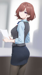 Rule 34 | 1girl, blue bow, blue bowtie, blue shirt, blue skirt, bow, bowtie, commentary request, cowboy shot, expressionless, highres, higuchi madoka, holding, holding paper, idolmaster, idolmaster shiny colors, looking at viewer, office lady, pantyhose, pantylines, paper, pencil skirt, pinstripe pattern, pinstripe vest, purple eyes, red hair, shirt, short hair, skirt, solo, vest, yd (orange maru)