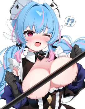 !? areola_slip bare_shoulders blue_hair breasts cleavage commentary_request convenient_censoring detached_sleeves gloves highres large_breasts maid multicolored_hair nikukue one_eye_closed phoebe_(starward) pink_eyes staff starward streaked_hair unaligned_breasts wardrobe_malfunction